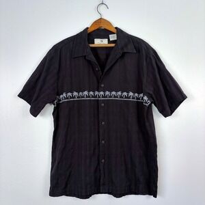 Vtg Marlin Black Cabana Camp Shirt L Loop Collar Textured Tiki Palm Border Print